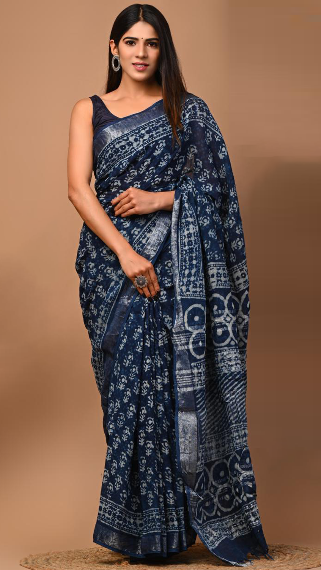 Neel Blue Hand Block Printed Linen Saree