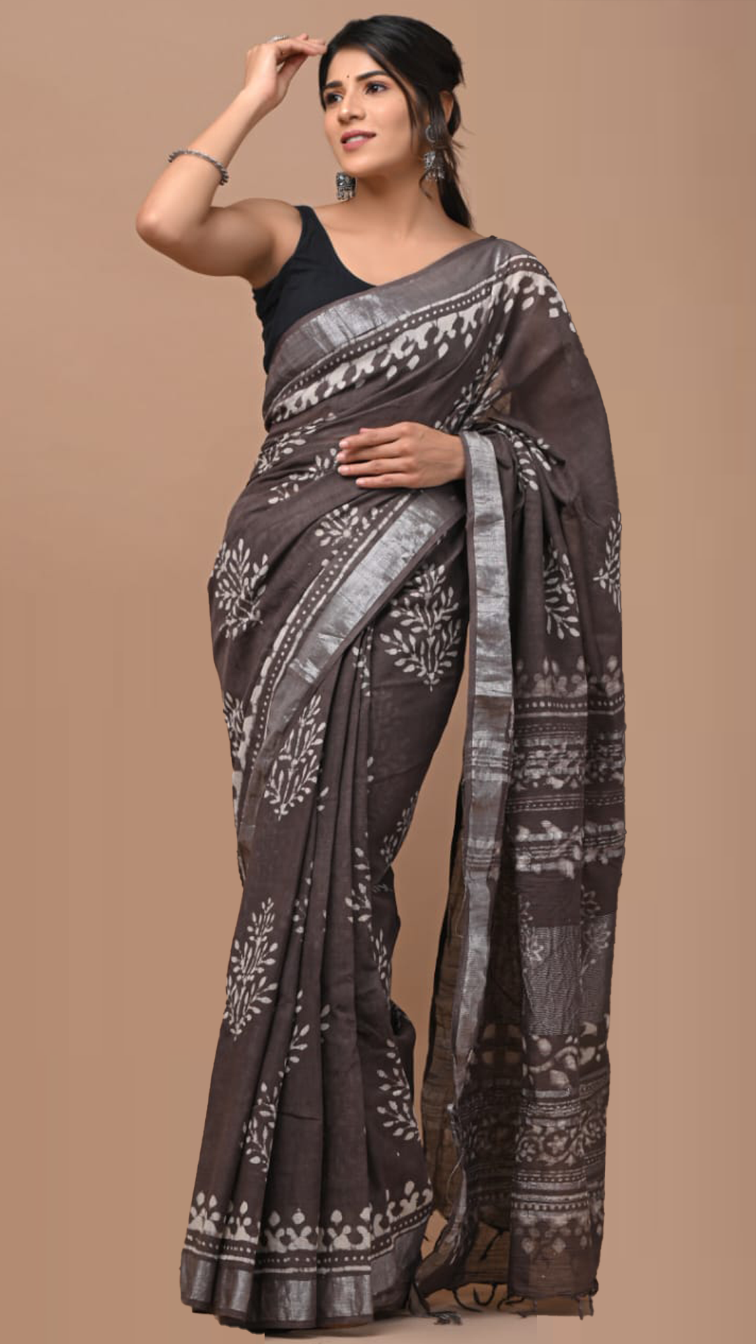 Maati Brown Hand Block Printed Linen Saree