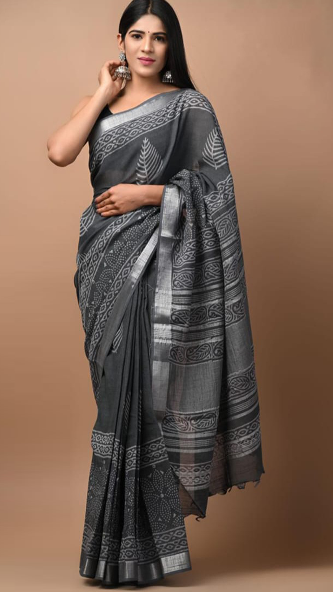Karpur Grey Hand Block Printed Linen Saree