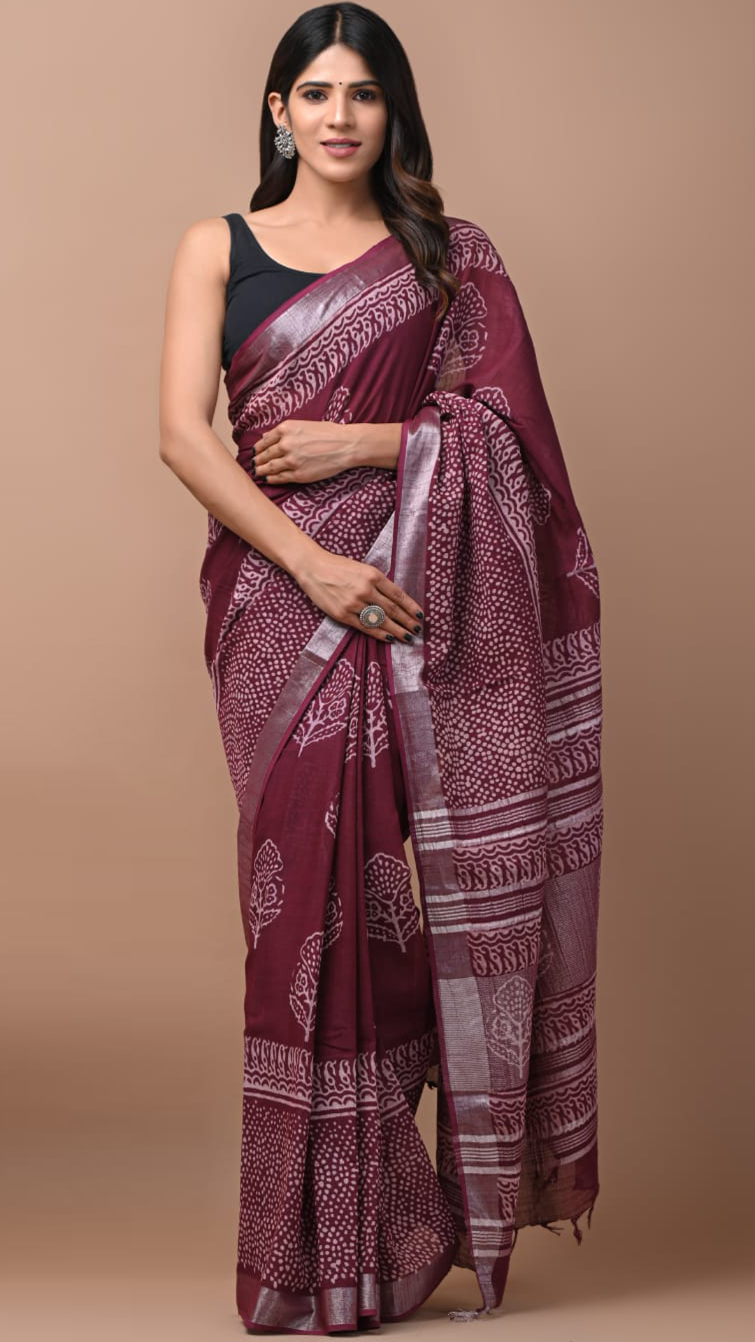 Sindoori Red Hand Block Printed Linen Saree