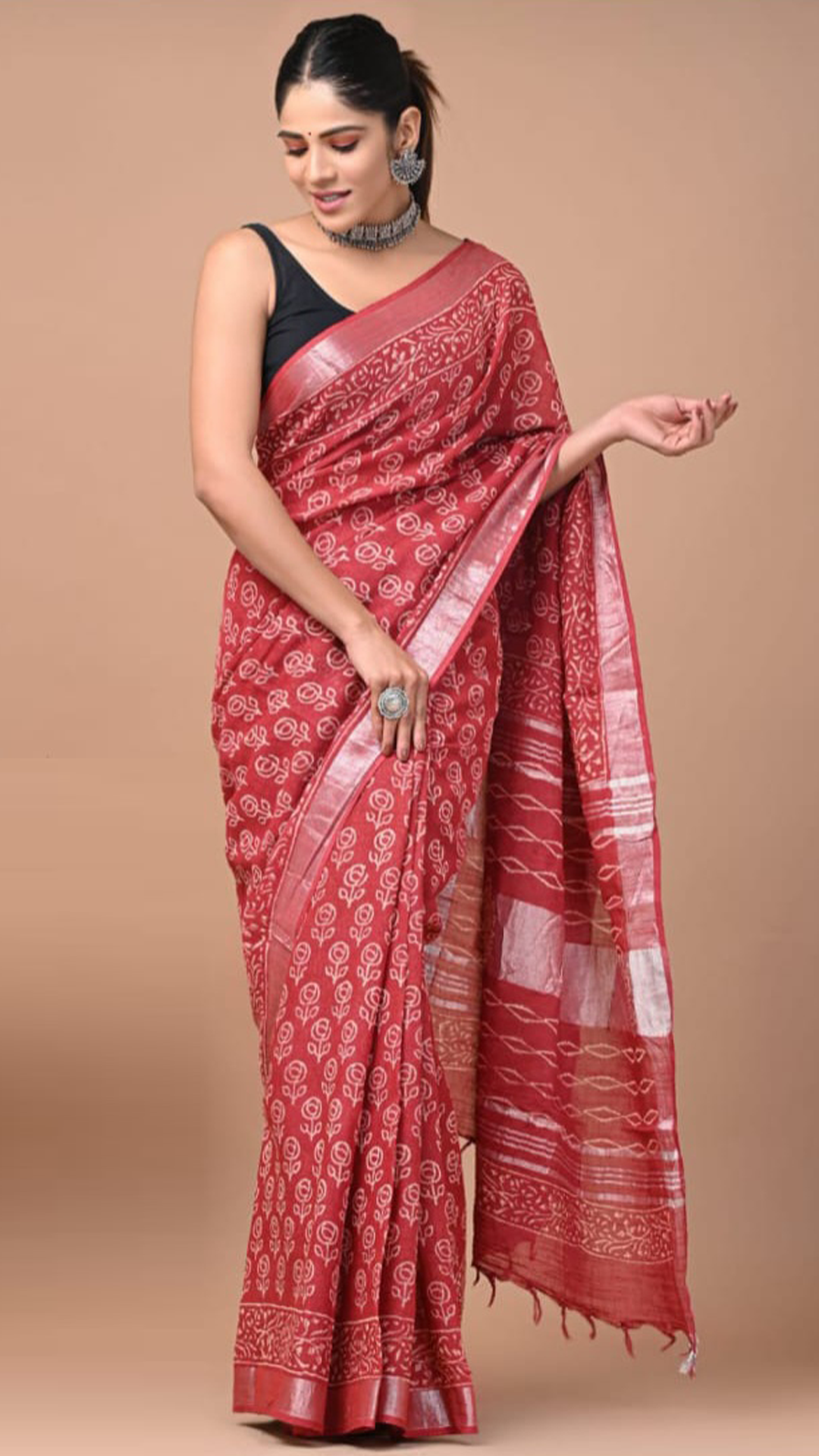 Manjistha Red Hand Block Printed Linen Saree
