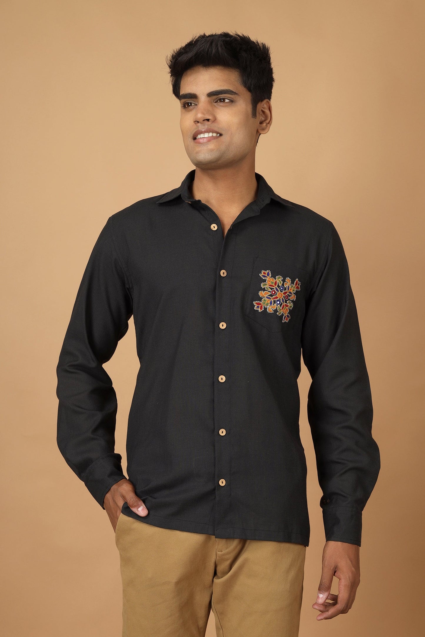 Folklore Black Ahir Embroidery Mens Shirt