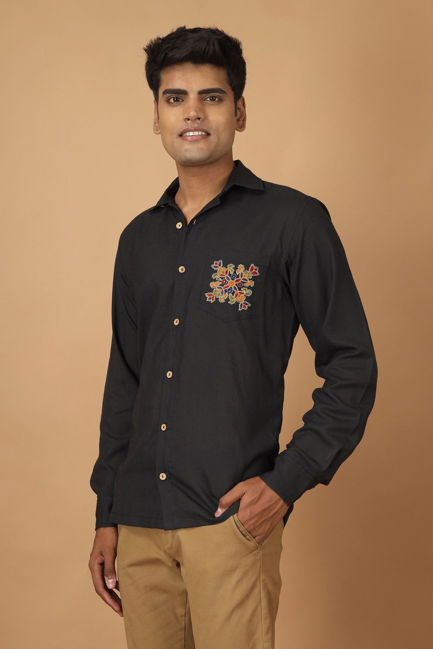 Folklore Black Ahir Embroidery Mens Shirt