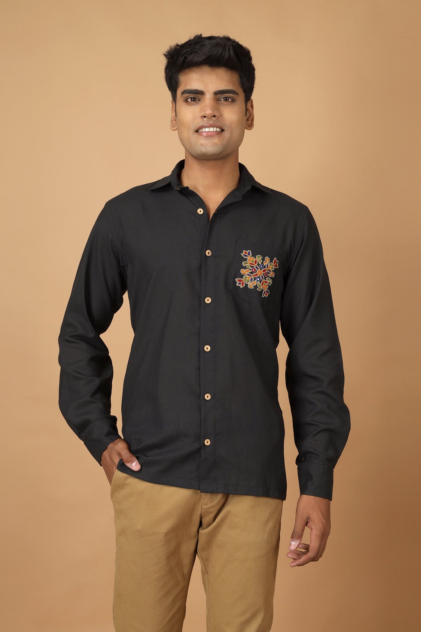 Folklore Black Ahir Embroidery Mens Shirt