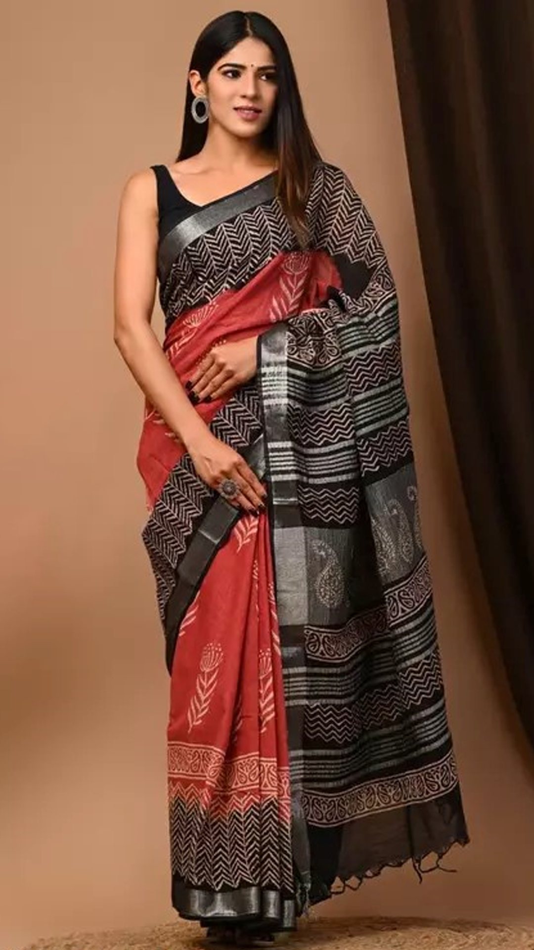 Siyahi Black Red Hand Block Printed Linen Saree