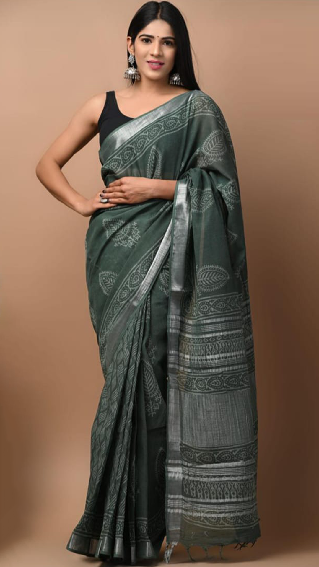 Patta Green Hand Block Printed Linen Saree