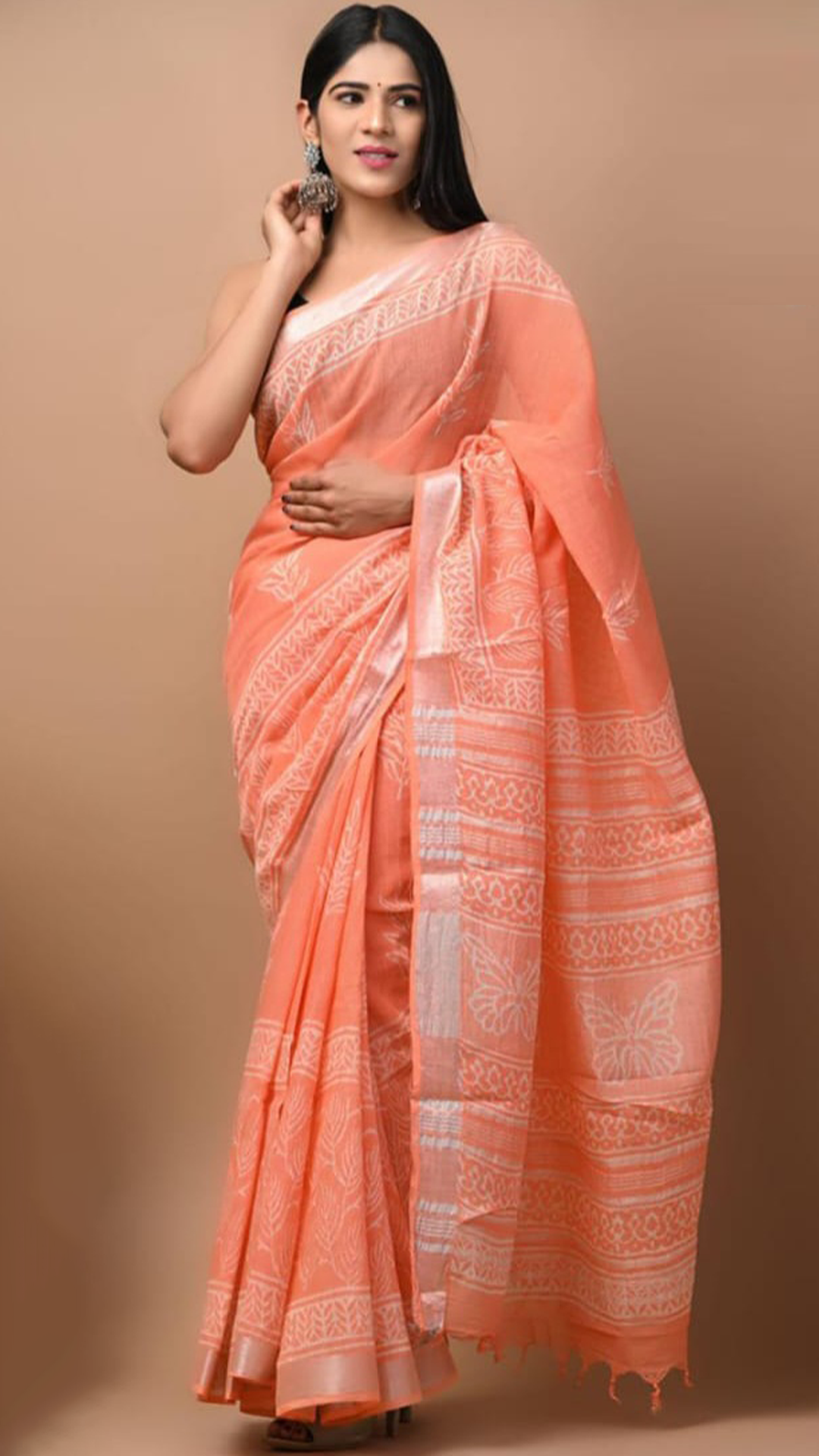 Kesari Orange Hand Block Printed Linen Saree