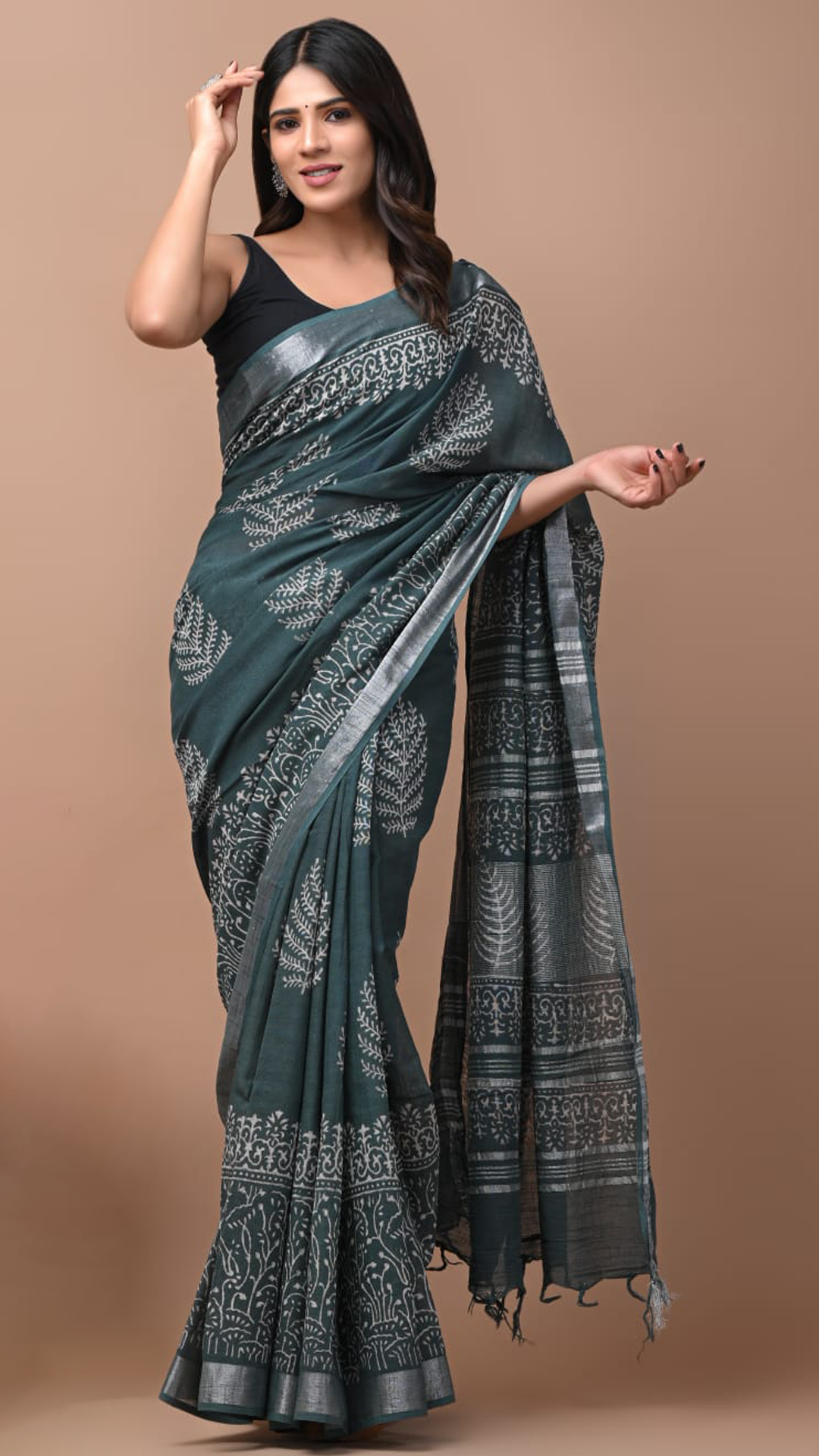 Panna Green Hand Block Printed Linen Saree